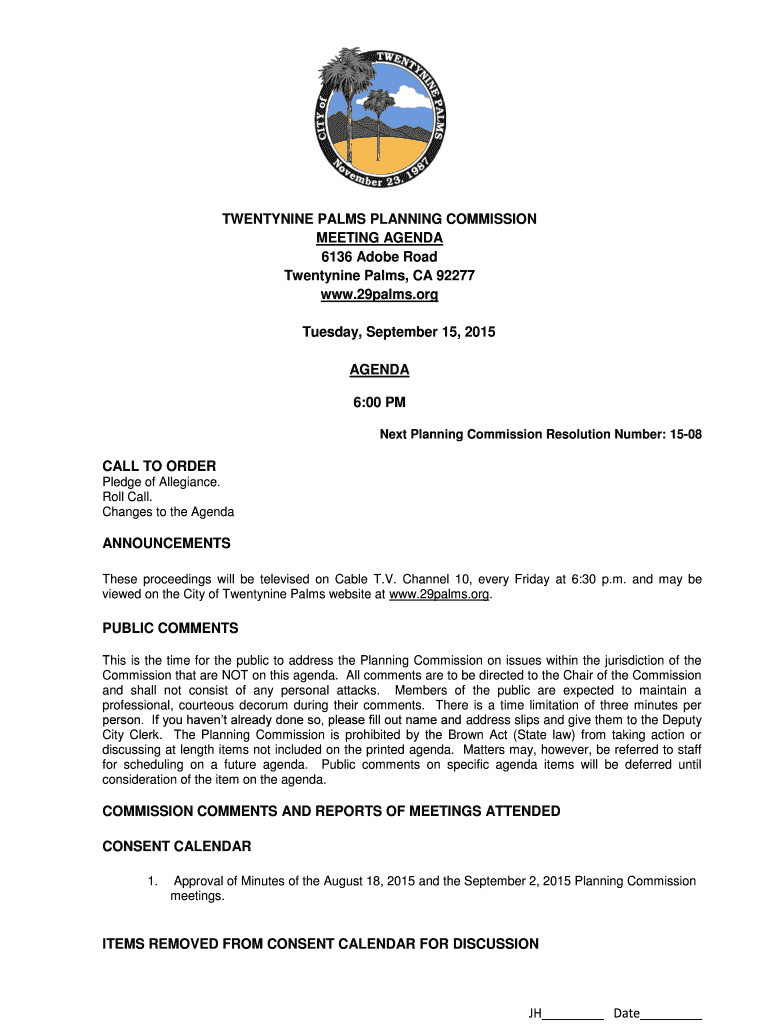 Fillable Online ci twentyninepalms ca JH Date TWENTYNINE PALMS