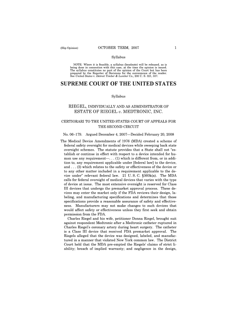 Fillable Online RIEGEL v MEDTRONIC SCOTUSblog Fax Email Print pdfFiller