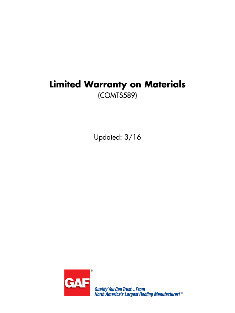 Fillable Online Limited Warranty On Materials COMTS589 GAF Fax Email