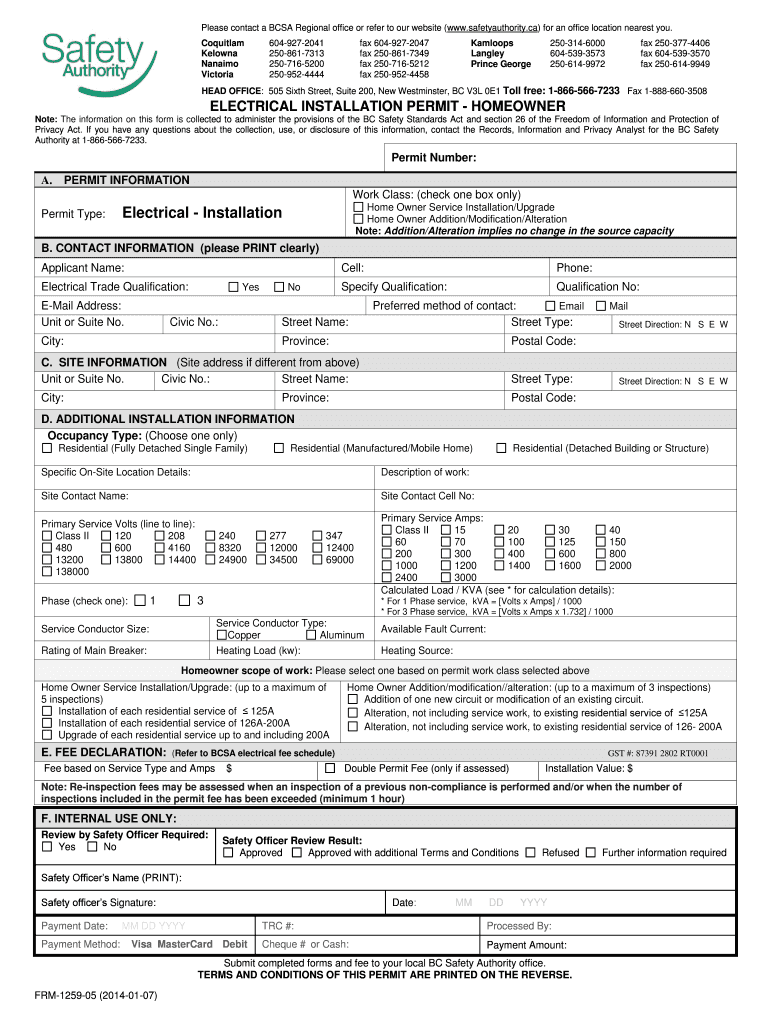 Fillable Online Electrical Installation BC Safety Authority Fax