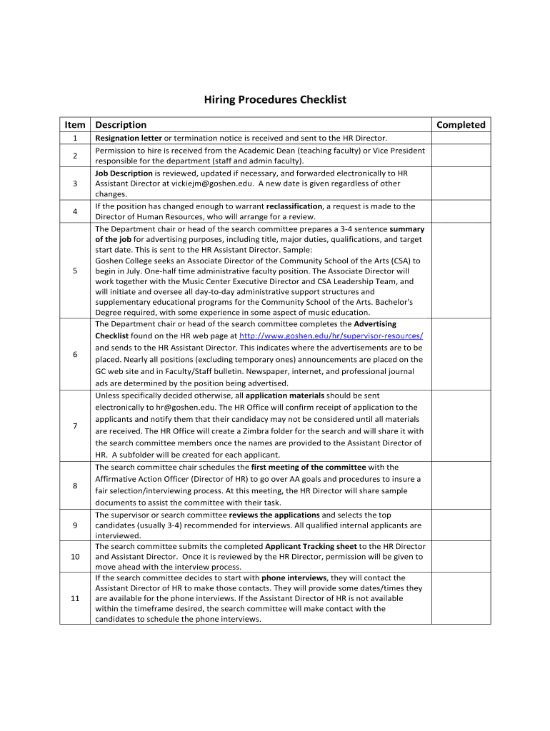 Fillable Online goshen Hiring Procedures Checklist Goshen College Fax