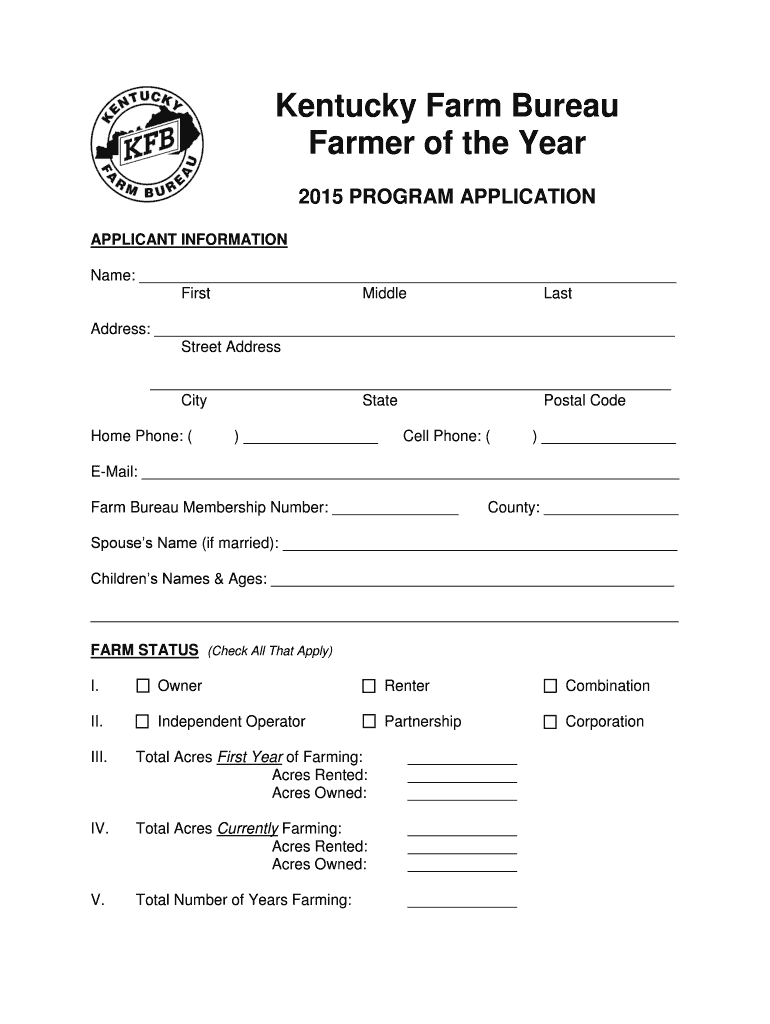 Fillable Online Farmer of the Year Application Kentucky Farm Bureau