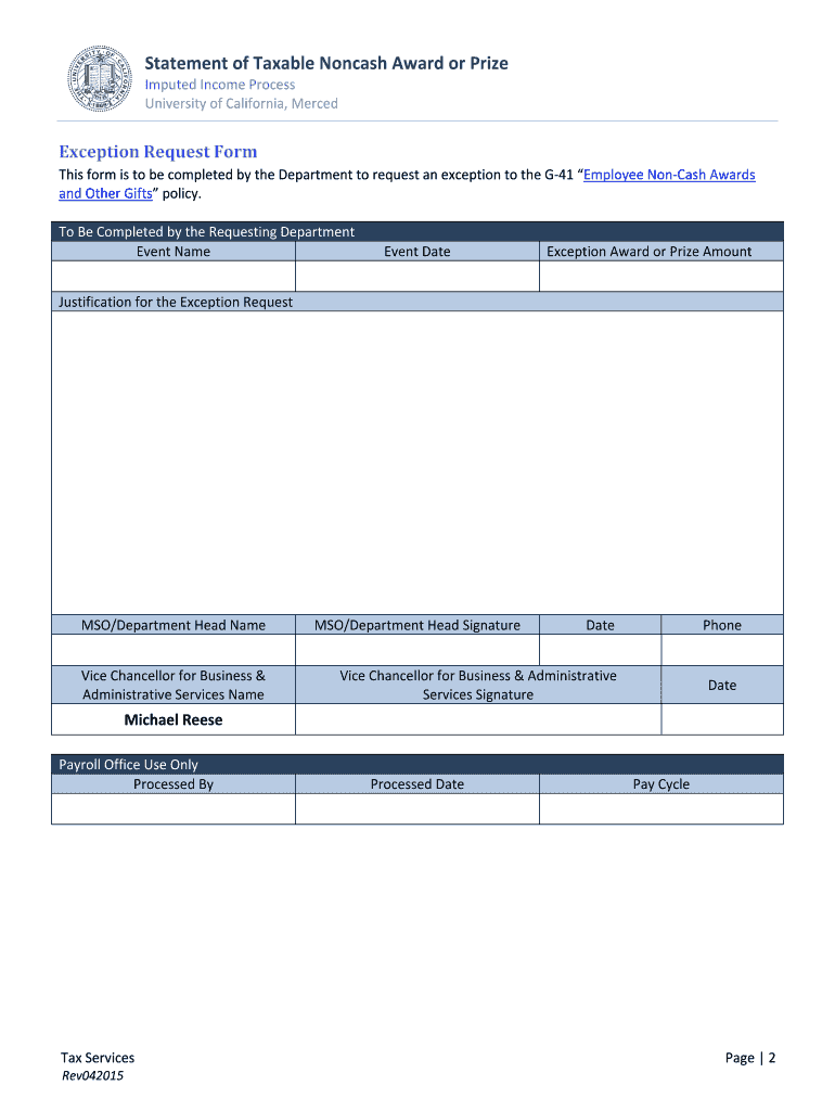 Fillable Online tax ucmerced Statement of Taxable Noncash Award or