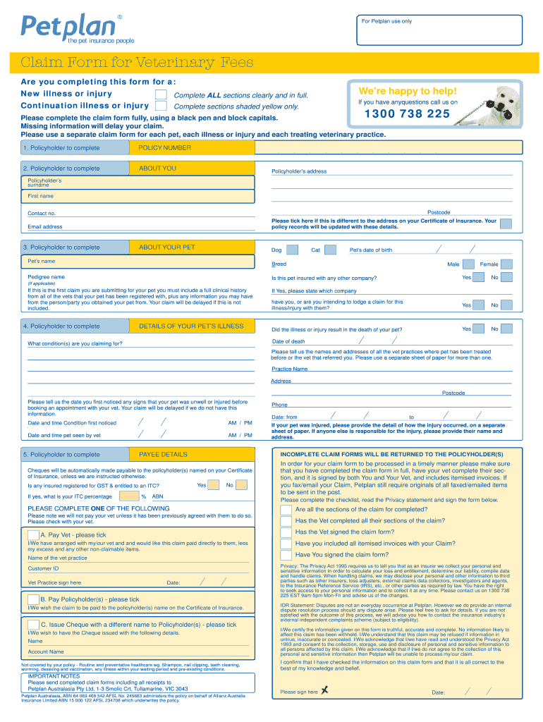 Fillable Online petplan com Claim form 2014 Fax Email Print pdfFiller