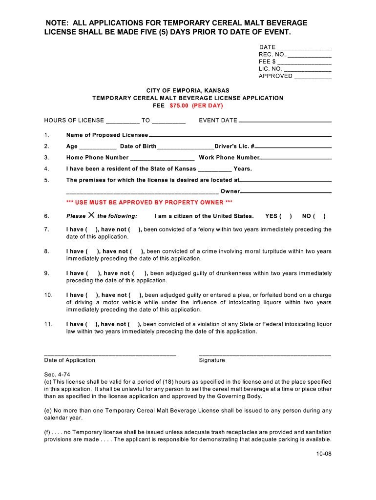 Fillable Online Temporary Cereal Malt Beverage License ApplicationPDF
