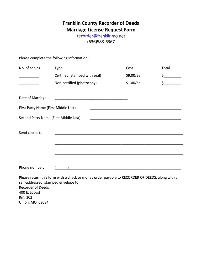 Fillable Online franklinmo Franklin County Recorder of Deeds Marriage