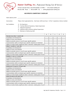 Fillable Online AGE SPECIFIC COMPETENCY CHECKLIST - Master Staffing Inc