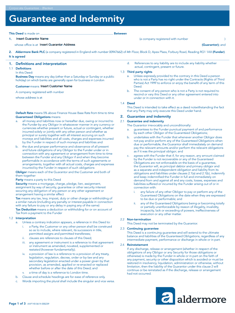 Fillable Online aldermore co Corporate Guarantee Blanket Aldermore