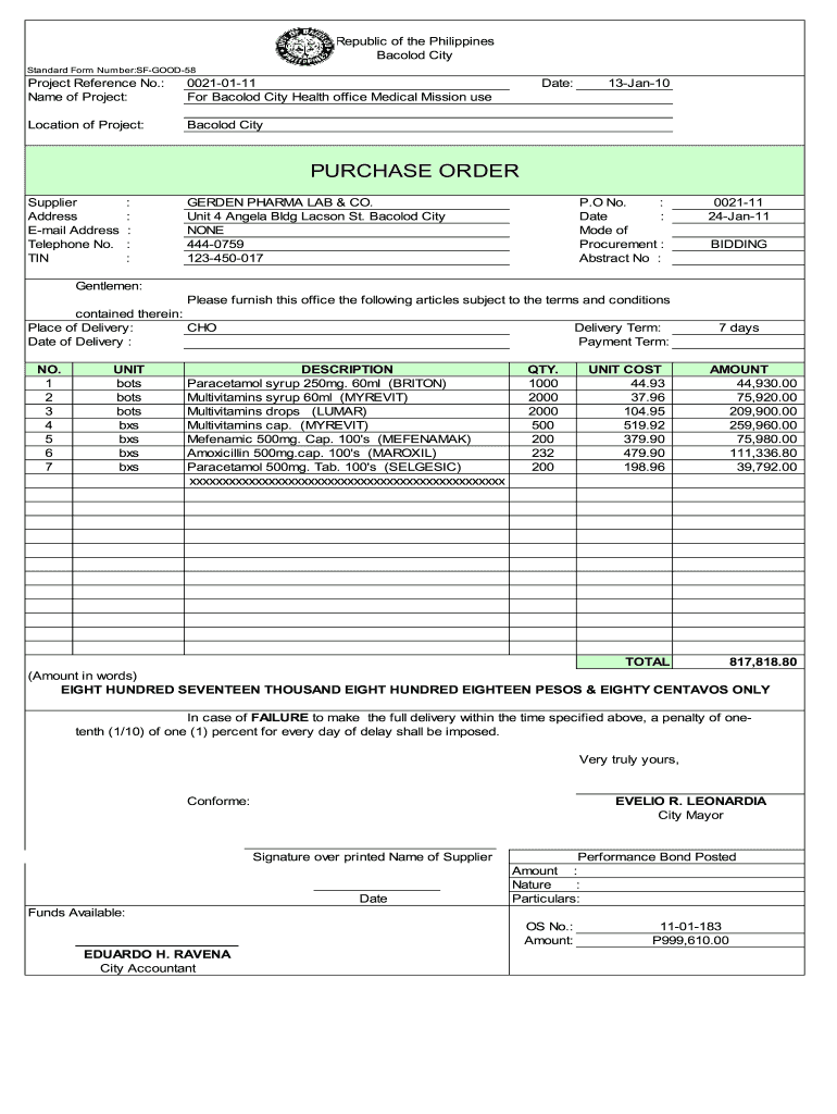 Purchase Order for Medical Supplies in Bacolod City 2011 DocHub