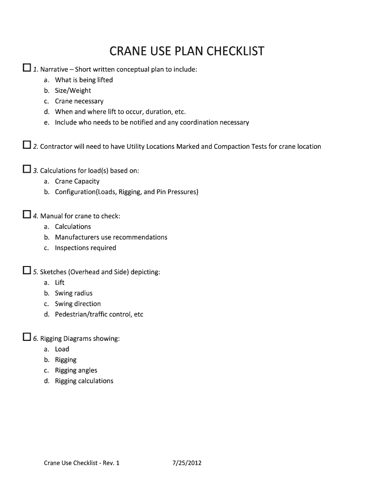 Fillable Online ors od nih Crane Lift Plan Checklist Fax Email Print