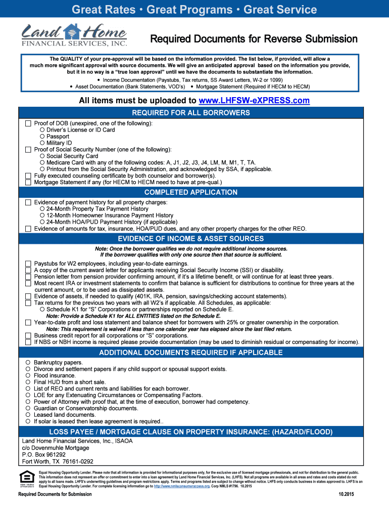 Fillable Online Reverse Financial Assessment Check List Land Home