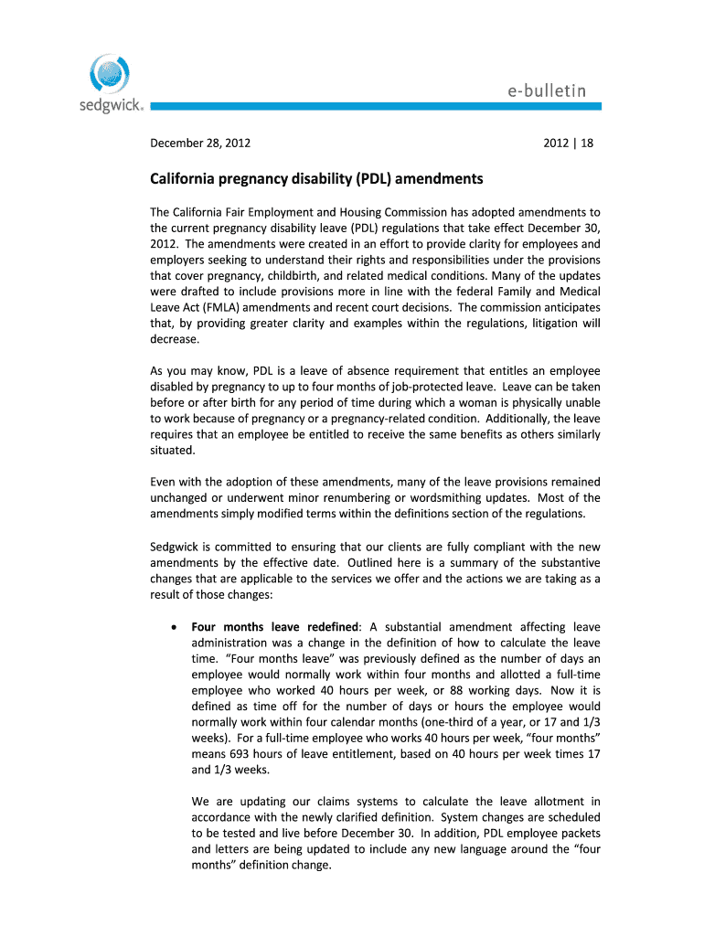 Fillable Online California pregnancy disability (PDL) amendments Fax