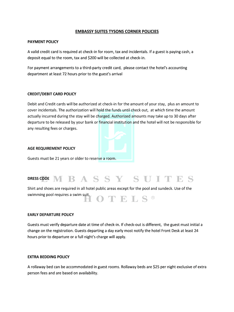 Fillable Online EMBASSY SUITES TYSONS CORNER POLICIES Fax Email Print