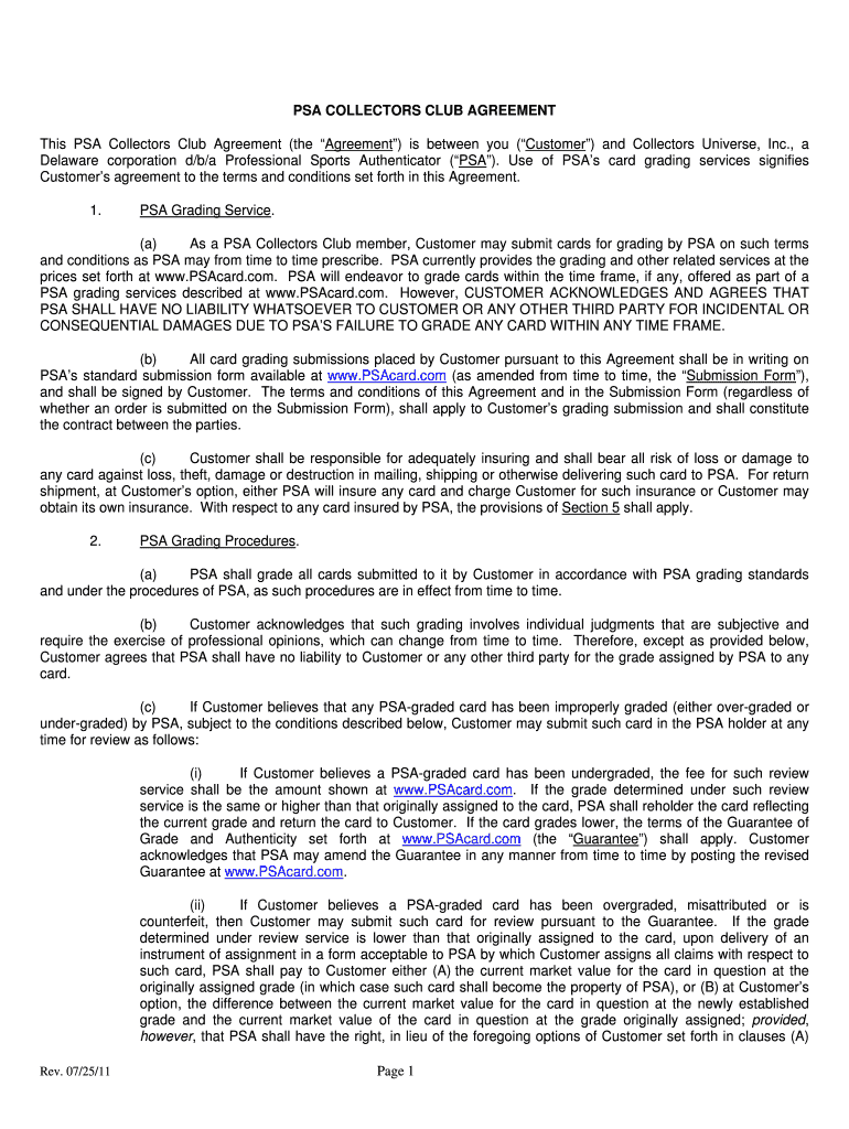 Fillable Online PSA COLLECTORS CLUB AGREEMENT Fax Email Print pdfFiller