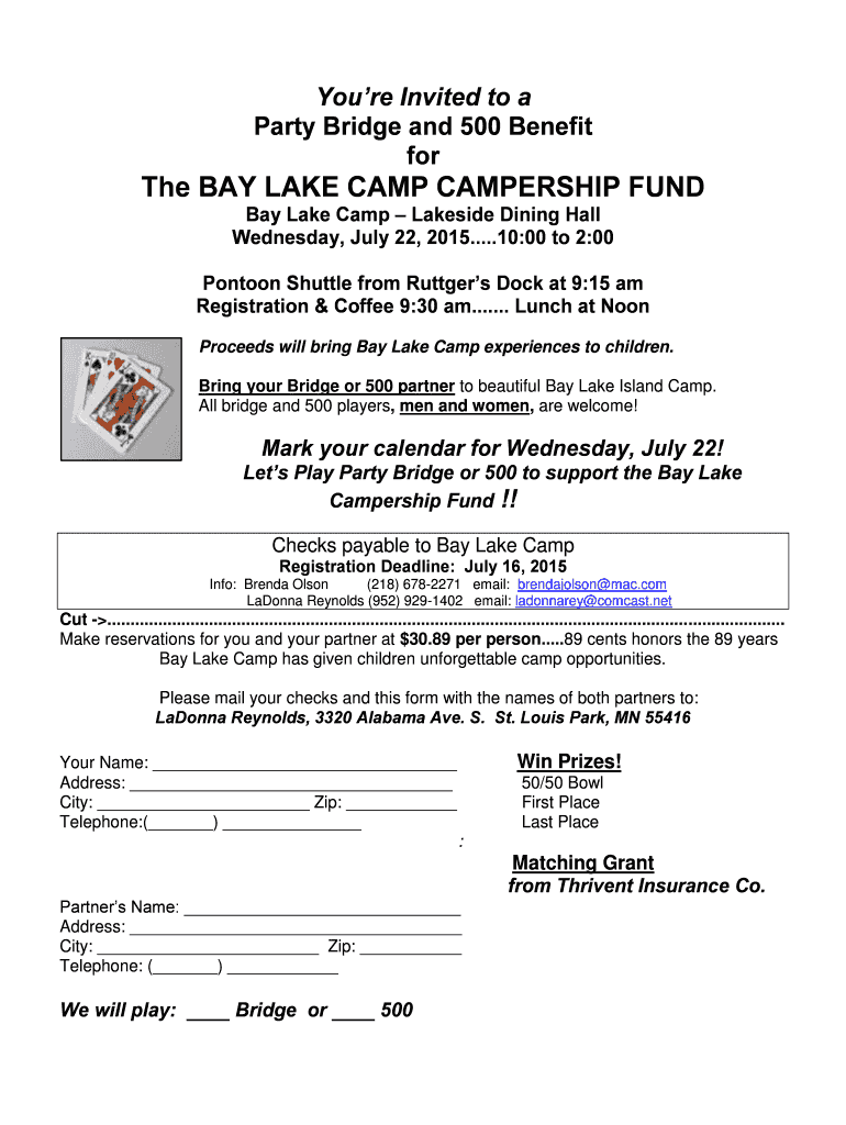 Fillable Online baylake The BAY LAKE CAMP CAMPERSHIP FUND
