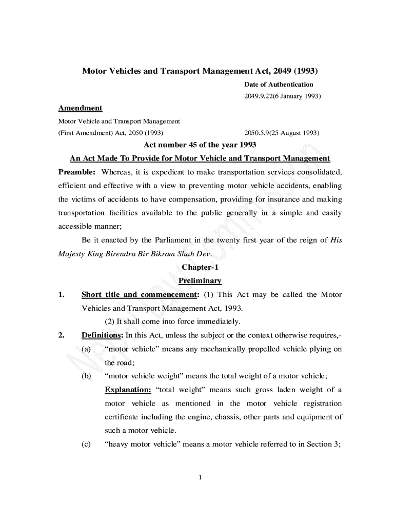 Fillable Online Motor Vehicles and Transport Management Act, 2049 (1993