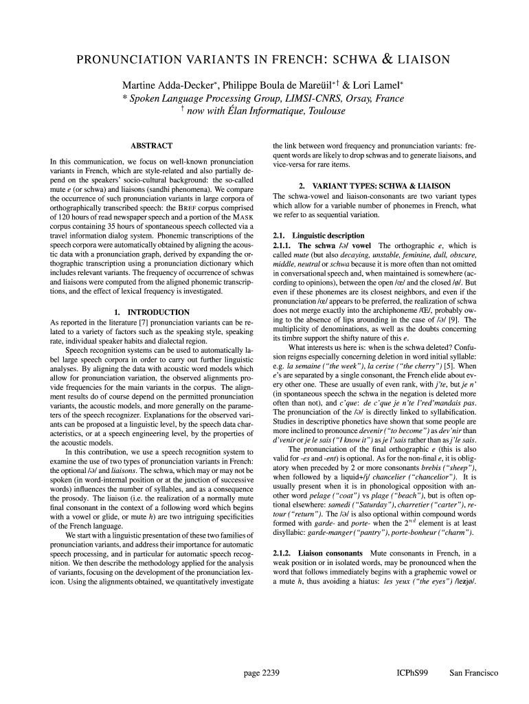 Fillable Online PRONUNCIATION VARIANTS IN FRENCH SCHWA Fax Email