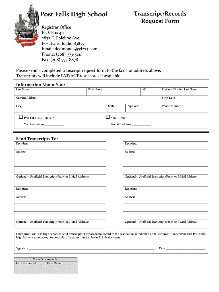 Post Falls High School Transcript/Records Request Form Fill and Sign