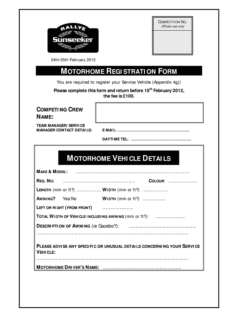 Fillable Online msagravelrallychampionship Motorhome registration form