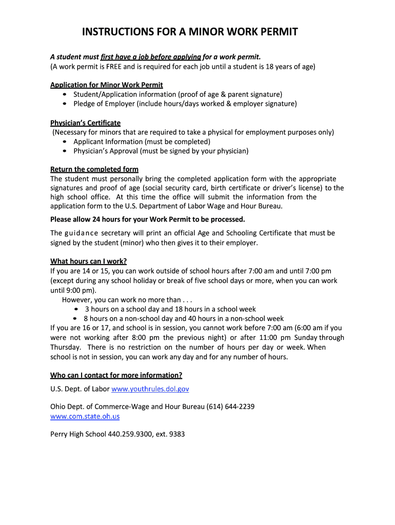 Fillable Online INSTRUCTIONS FOR A MINOR WORK PERMIT Fax Email Print pdfFiller