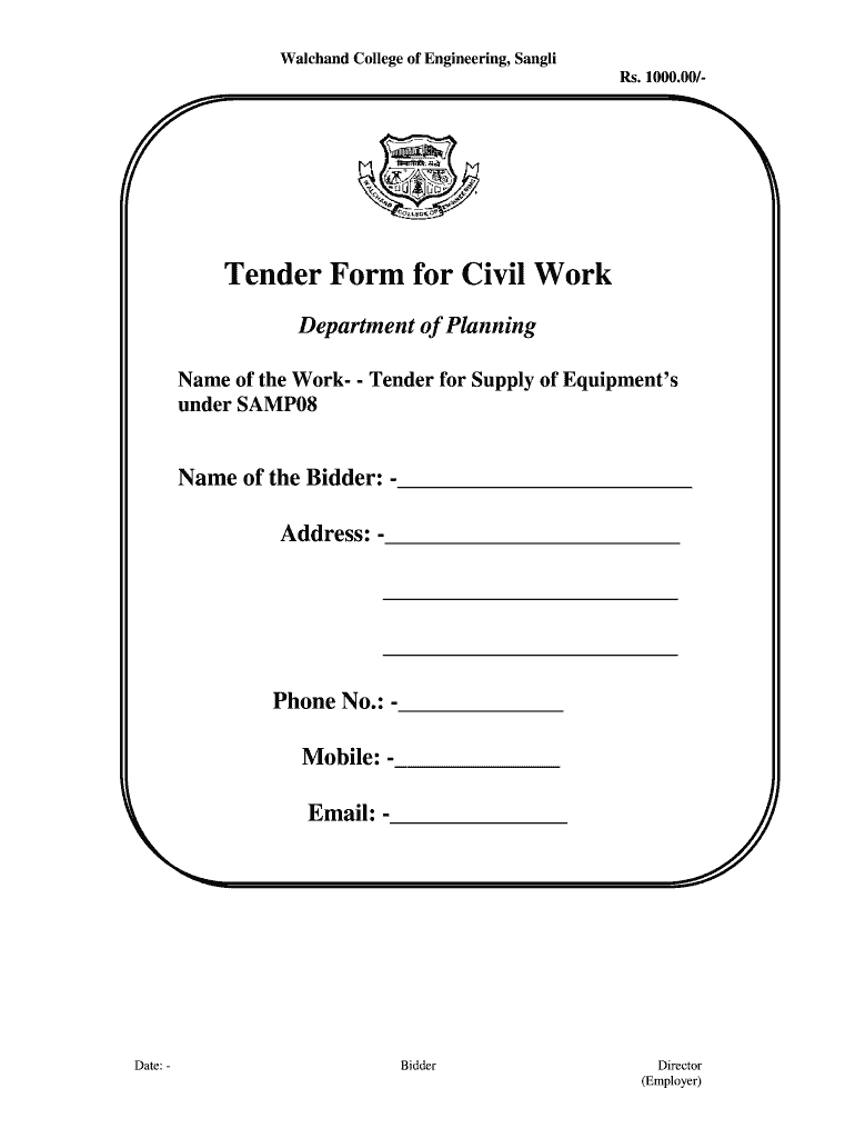 Fillable Online Name of the Work Tender for Supply of Equipments Fax