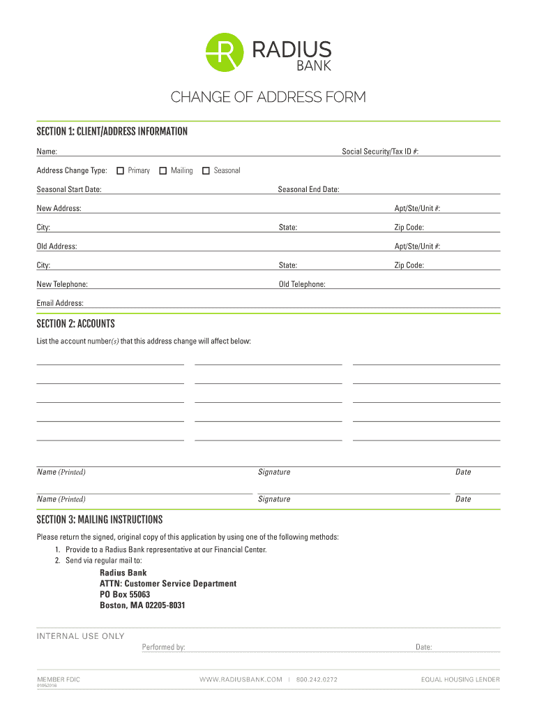 Fillable Online Change of address form Radius Bank Fax Email Print