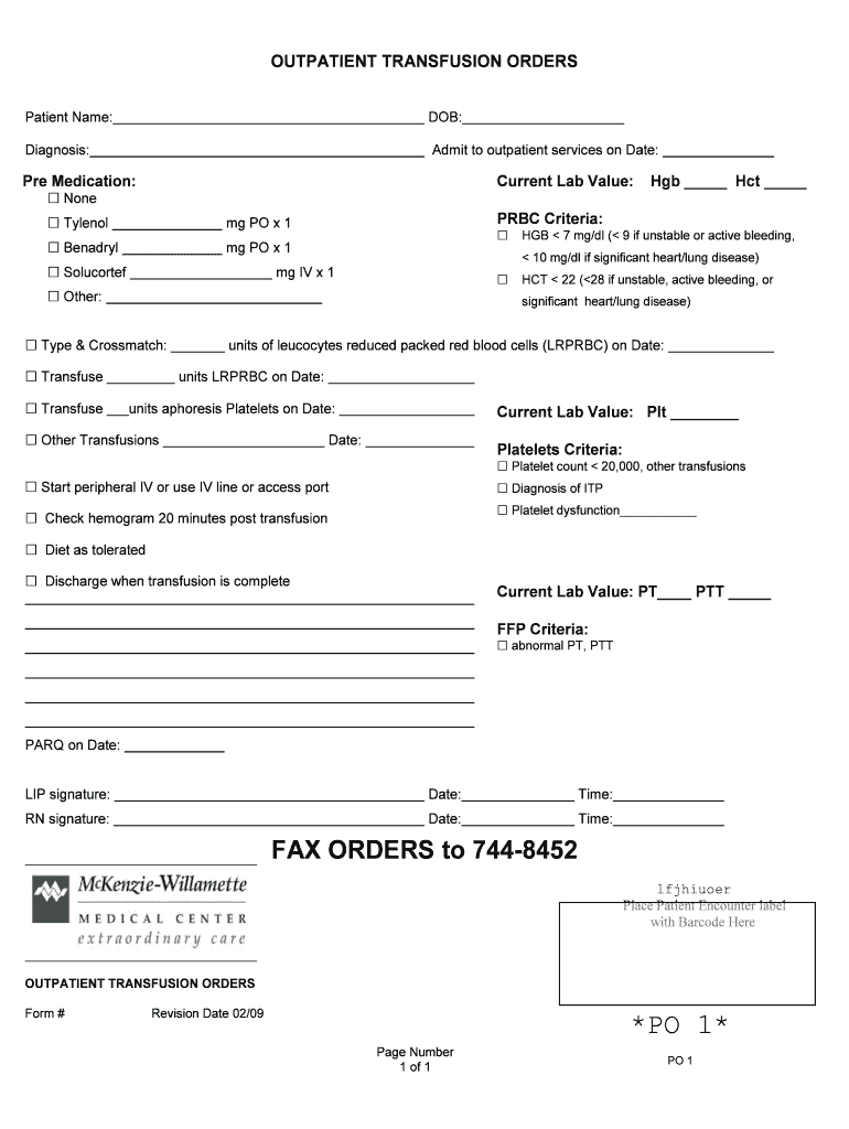 Fillable Online Outpatient Transfusion Order Form Oregon Medical