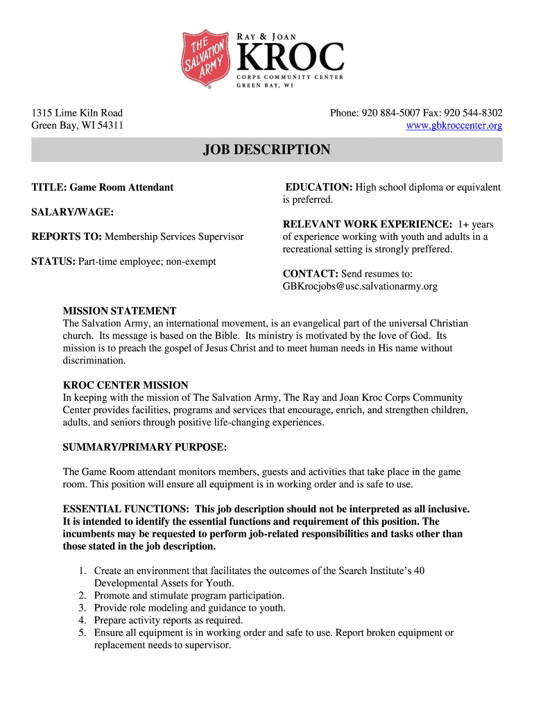 Fillable Online gbkroccenter Game Room Attendant the Kroc Community