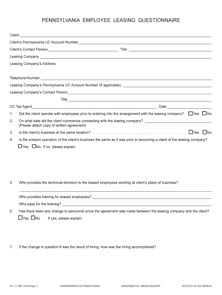 Fillable Online PENNSYLVANIA EMPLOYEE LEASING QUESTIONNAIRE PA gov