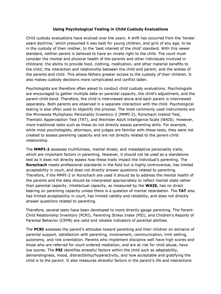 Fillable Online Using Psychological Testing in Child Custody