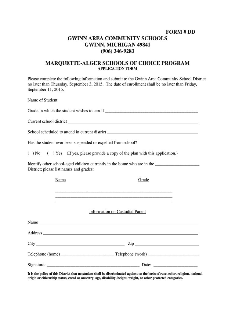 Fillable Online gwinn k12 mi FORM DD gwinn k12 mi Fax Email Print pdfFiller