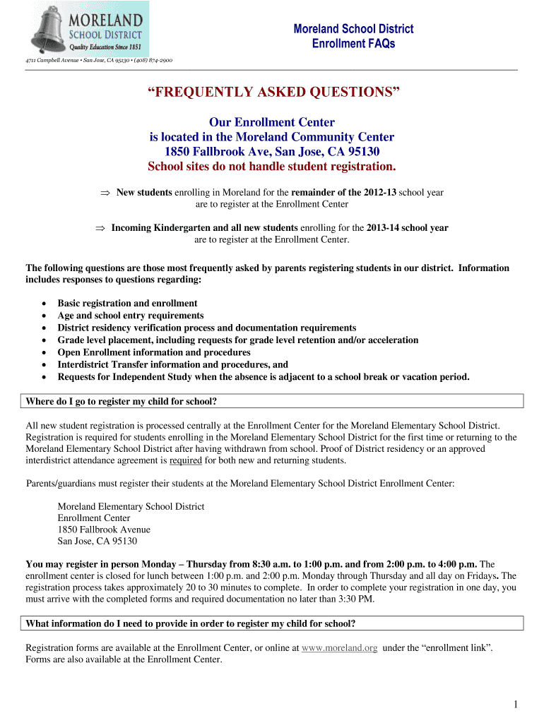Fillable Online moreland k12 ca Enrollment FAQs moreland k12 ca Fax