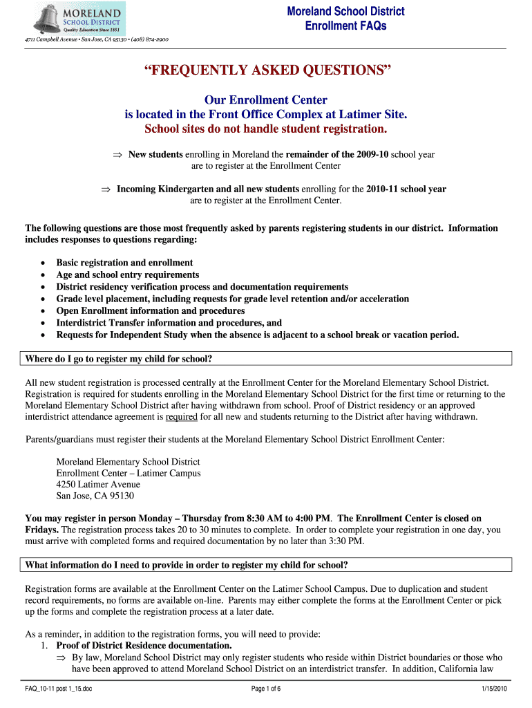 Fillable Online moreland k12 ca FREQUENTLY ASKED QUESTIONS Moreland