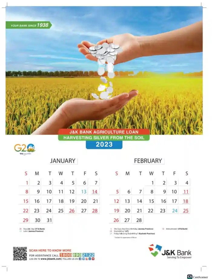 J&K Bank Calendar 2023 PDF Download J&K Bank Calendar 2023 PDF Download