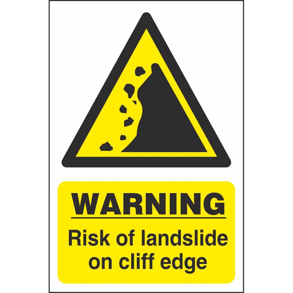 Warning Risk Of Landslide On Cliff Edge Hazard Construction Signs