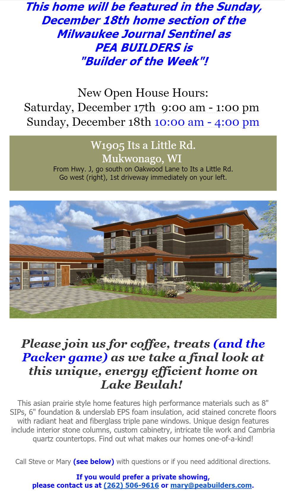 Open House December 17 & 18 on Lake Beulah in Mukwonago, WI PEA Builders