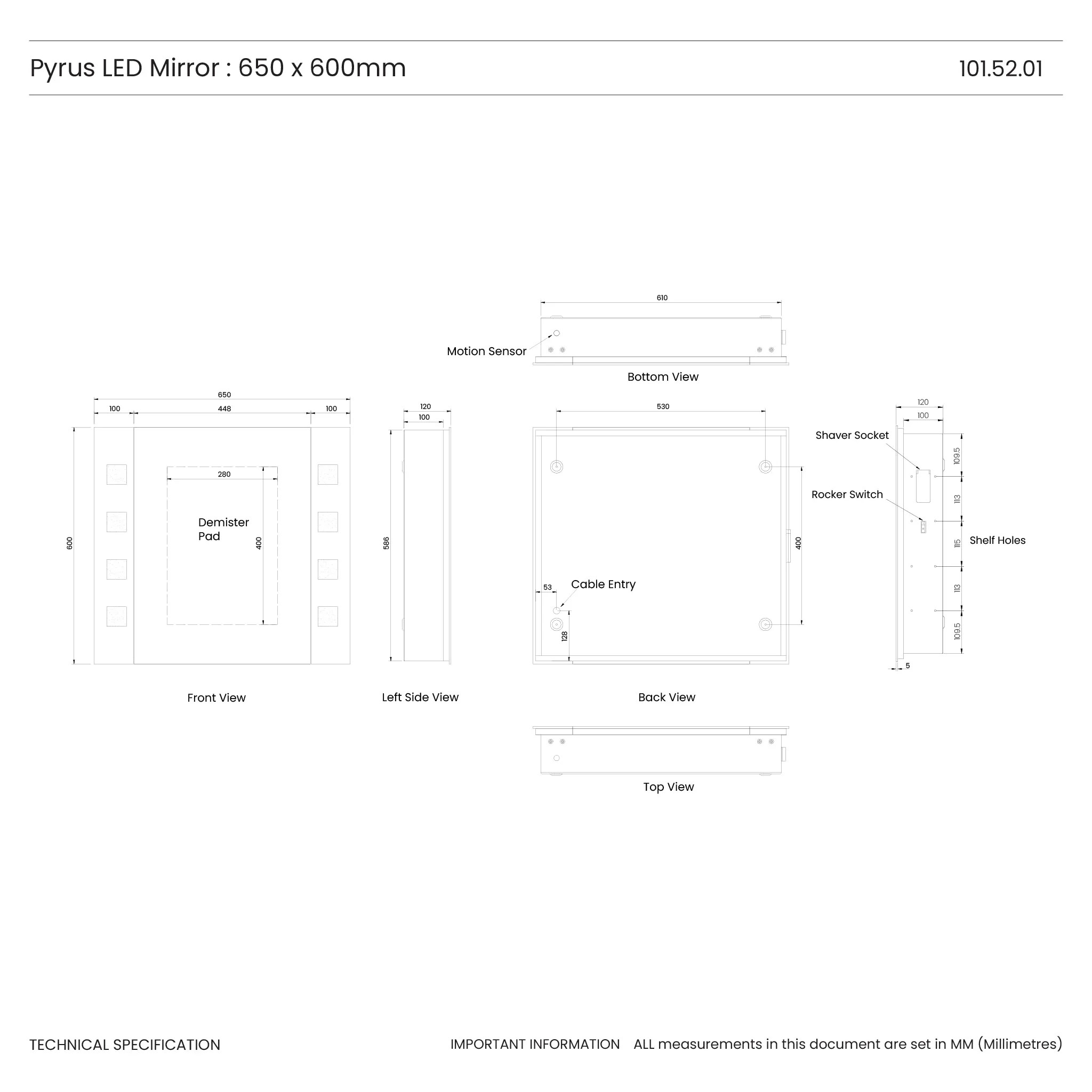 Pyrus LED Mirror Demister Mirror With Shaver Socket Pebble Grey