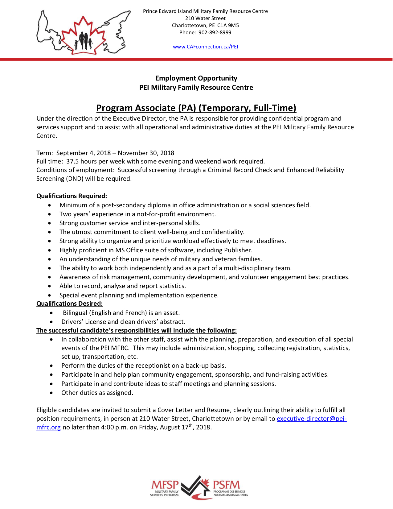 Job Opening Program Associate (Temporary, Fulltime) PEI Military