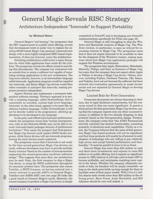 Microprocessor Report February 16, 1995 PenBased Computing History