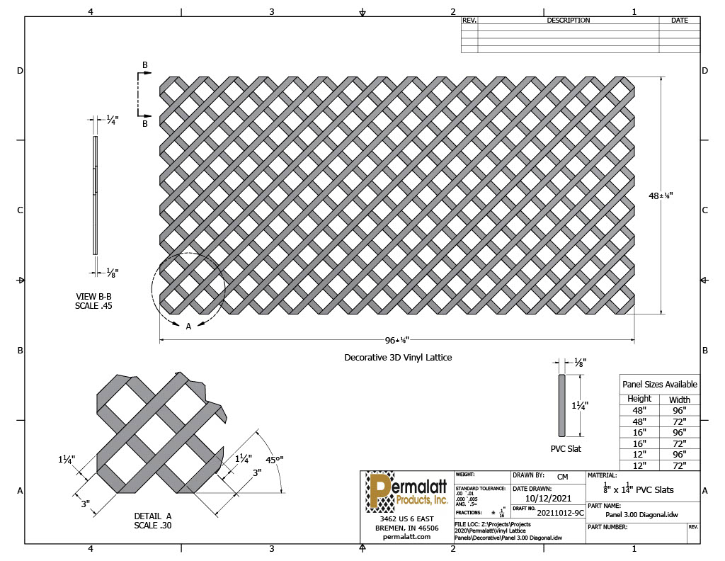 3" Diagonal 1/4In. 3D Vinyl Lattice Decorative Traditional Diagonal
