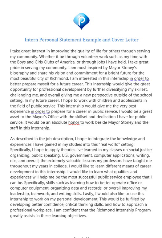 Intern personal statement example (including cover letter)