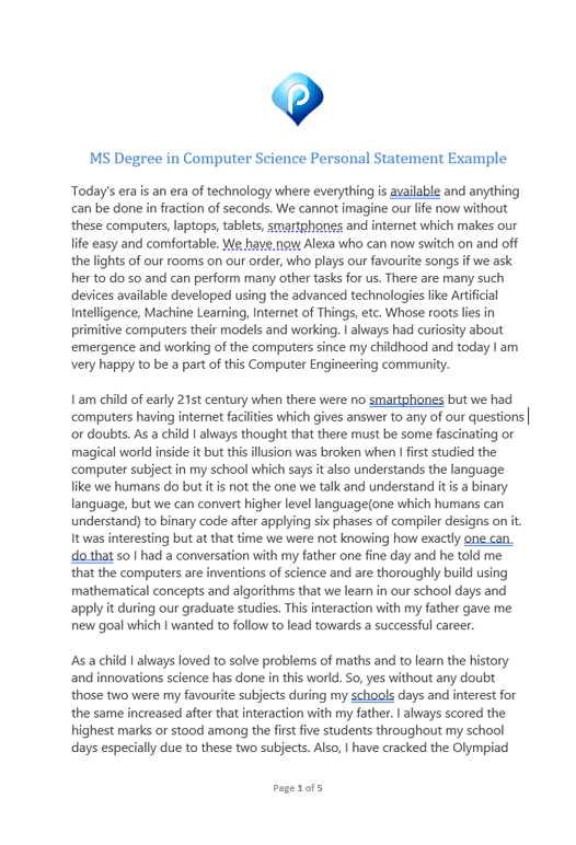 Computer Science MS Degree Personal Statement Example