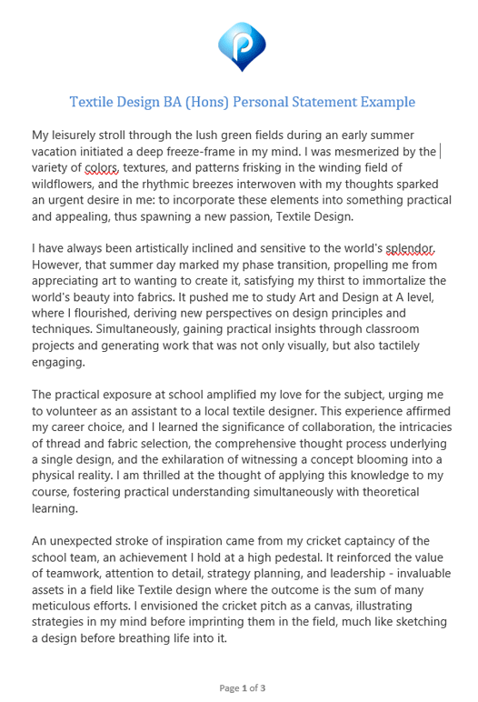 Textile Design BA (Hons) Personal Statement Example