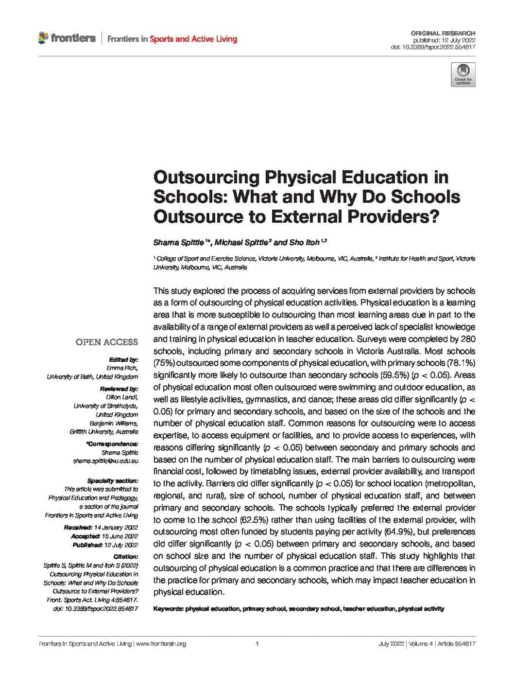 Outsourcing Physical Education in Schools What and Why Do Schools