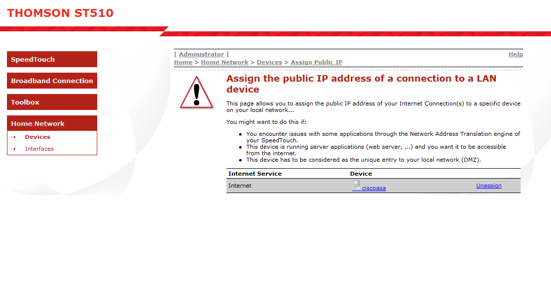 Assign Public IP Address (No NAT) on a Thompson Speedtouch ST510