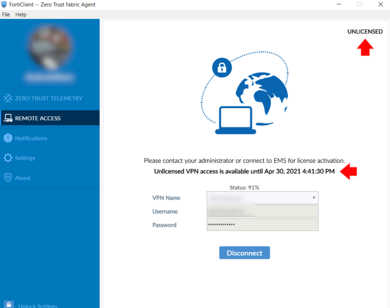 FortiClient Unlicensed VPN access is available until..