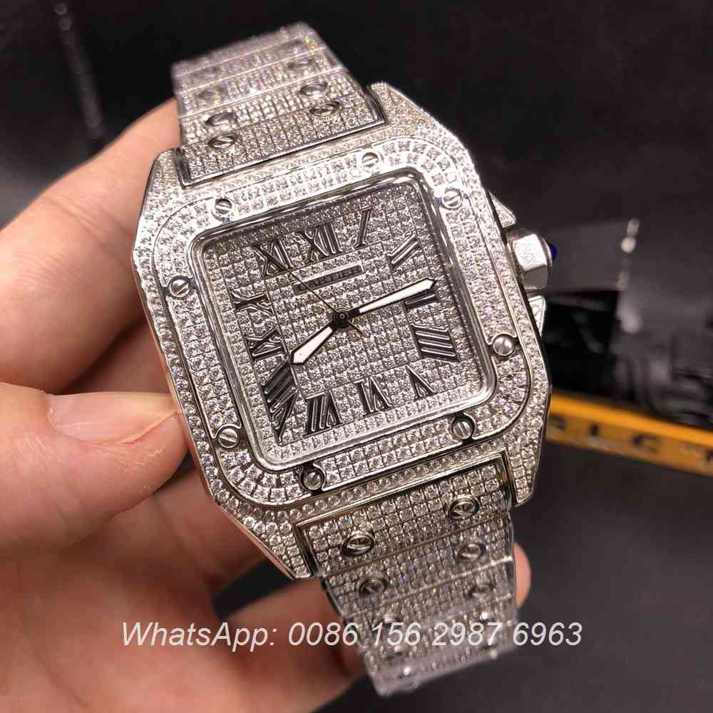 C160Z118, Cartier Santos full iced out silver case diamonds dial quartz