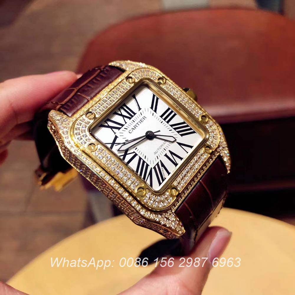 C090XD325, Cartier iced out santos yellow gold shiny diamonds automatic luxury men's watch