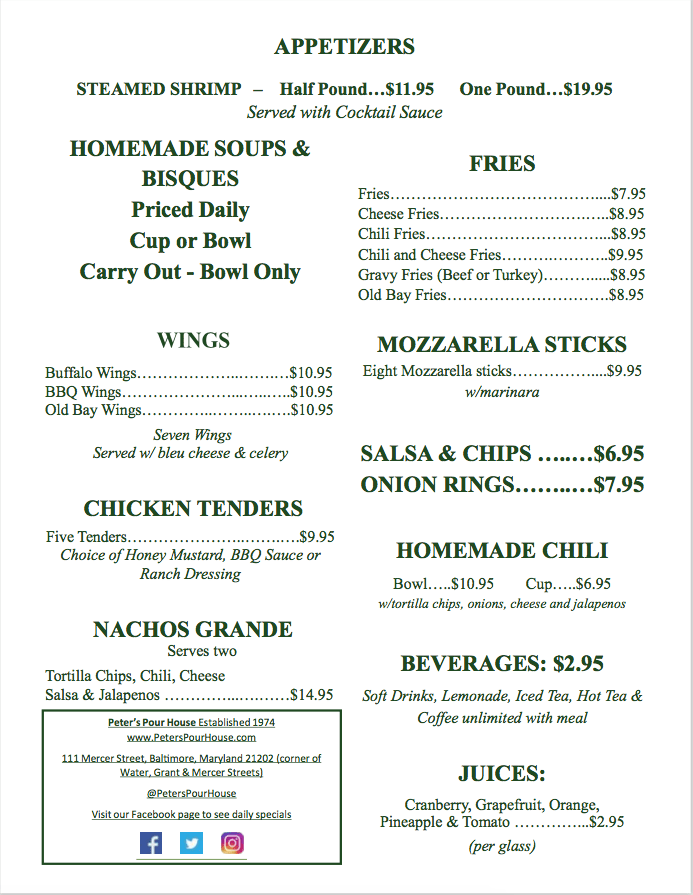 Peter's Pour House Menu