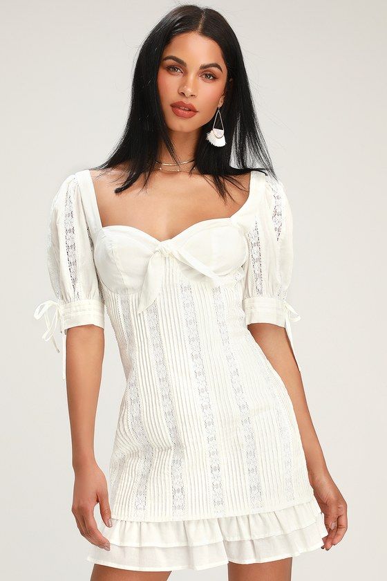 RYLEIGH WHITE TIE-FRONT PLEATED LACE MINI DRESS